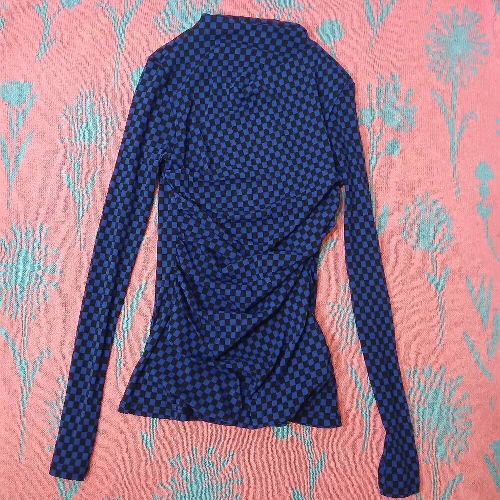 Enza costa womens xsmall cobalt blue black mockneck tulle mesh top check plaid